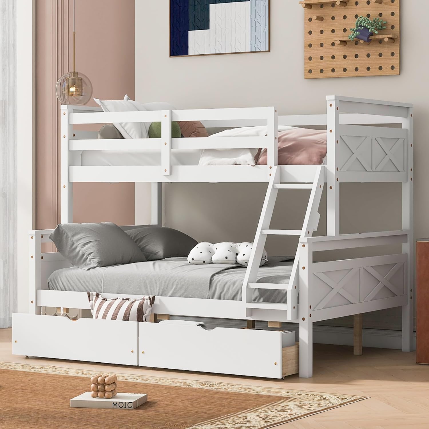 Twin Over Full Bunk Bed with 2 Storage Drawers,Solid Wood Bunk Bed with Ladder and Safety Guardrail for Bedroom Kids Adults, Can be Separated into 2 Beds,White