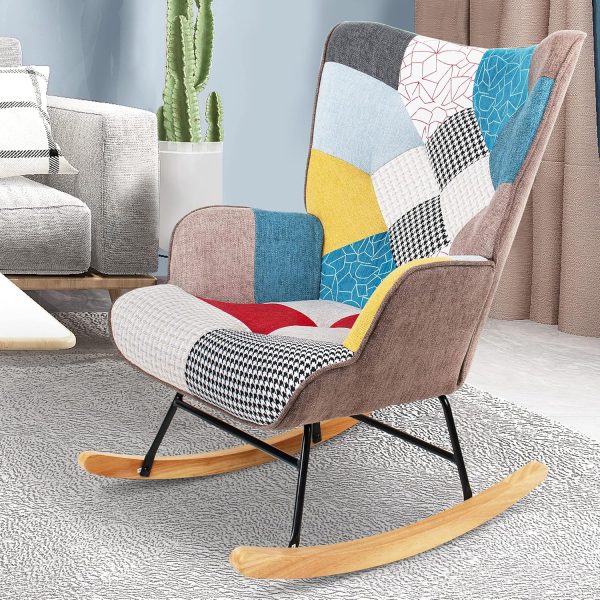 Rocking Chair Nursery, Mid Century Upholstered Rocker Glider Chair High Back Armchair with Wood Legs and Patchwork Linen for Livingroom Bedroom
