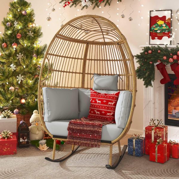 Outdoor Rocking Egg Chair, Patio Rocking Chair Oversized, 370lb Capacity, Anti-Slip, All-Weather Wicker Egg Lounger Chair for Indoor, Outside (Grey)