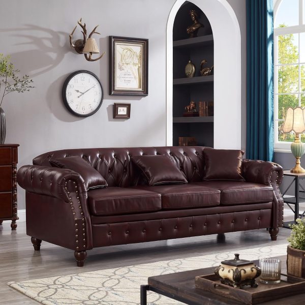 85.8"  Sofa, Retro Style Upholstered with Storage Faux Leather PU Couch with Rolled Arm, Nailhead for Living Room Bedroom Office Apartment, Burgundy