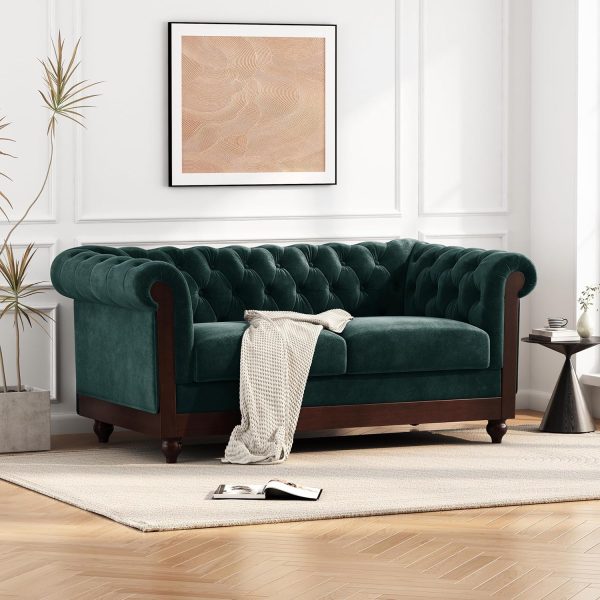 Velvet  Sofa, Retro Style Upholstered 3 Seater Leather Couch Rolled Arm for Living Room Bedroom Office, Dark Green