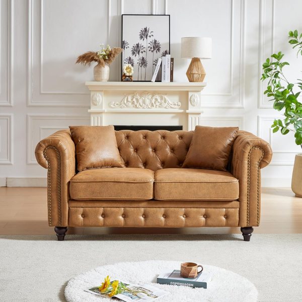 Sofa, Retro Style Upholstered 2 Seater Tech Fabric Couch with Rolled Arm for Living Room Bedroom Office, Brown