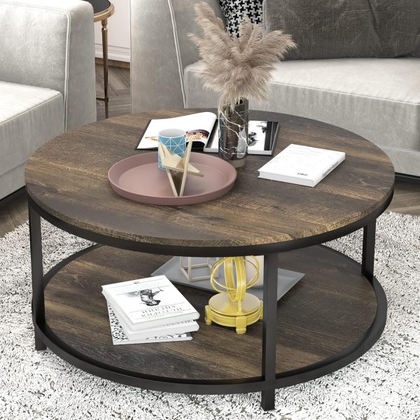 36 inches Round Coffee Table, Rustic Wooden Surface Top & Sturdy Metal Legs Industrial Sofa Table for Living Room Modern Design Home Furniture with Storage Open Shelf(Rustic Brown)