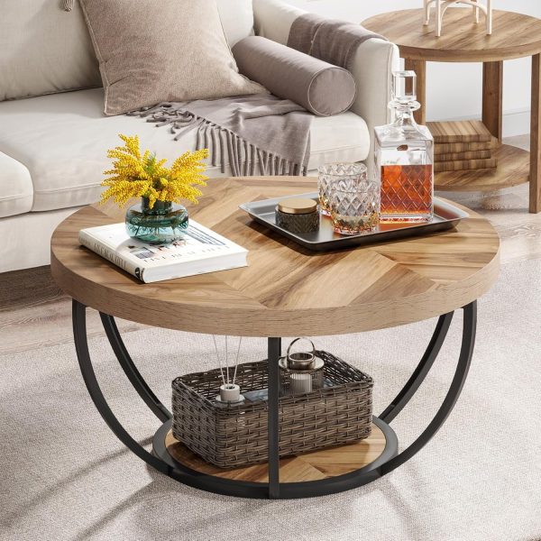 31.7" Round Coffee Table, Industrial 2-Tier Circle Coffee Table with Storage Shelves, Modern Wooden Accent Center Table Sofa Side Table for Living Room, Home Office, Wooden Grain and Black