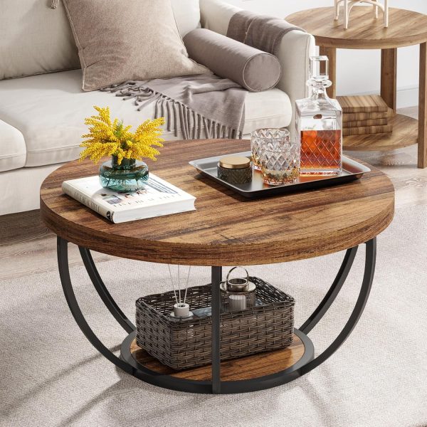 Round Coffee Table, 31.7" Wooden 2-Tier Circle Coffee Table with Storage Shelves, Modern Accent Cocktail Table Center Table for Living Room, Rustic Brown