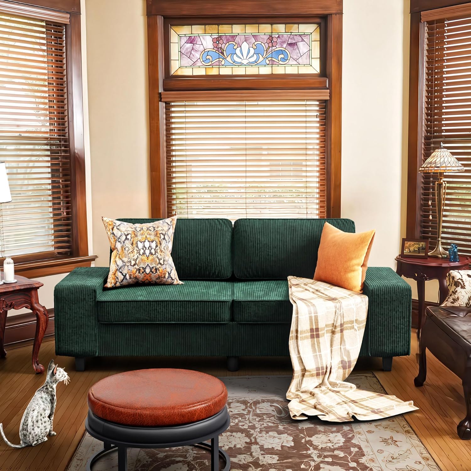 84" Corduroy Loveseat Couch, 3 Seater Retro Sofa with 4 Side Pockets, Removable and Washable Cushions, Mid Century Modern, Living Room, Apartment, Office (Green)