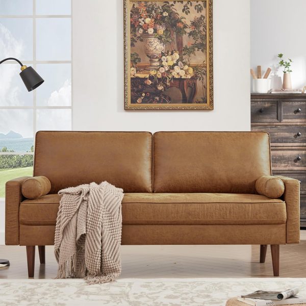 68" Faux Leather Couch Mid Century Modern Sofa Couch w/Tufted Deep Love Seat, 2 Pillows & Solid Wood Frame, Home Sofa Living Room Small Couches for Small Space, Bedroom, Office, Apartment, Brown