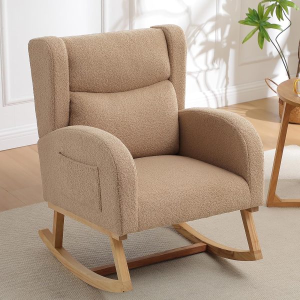 Nursery Rocking Chairs Upholstered Rocking Chair for Nursery Cozy Nursing Rocking Chair High Backrest Modern Indoor Rocking Chair for Living Room Bedroom Adults Rocking Chair Soothe (Teddy Khaki)