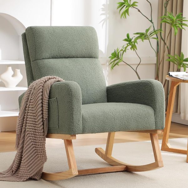 Rocking Chair Nursery, Sherpa Nursing Rocking Chairs, Upholstered Nursery Glider Rocker for Mom Nursery Morden Accent Rocking Chair with Side Pocket for Living Room,Bedroom,Teddy Green