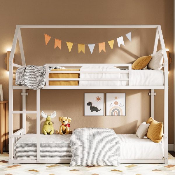 Bunk Bed Twin Over Twin, House Bunk Bed Frame with Ladder and Guardrail, House Shaped with Metal Slats for Dormitory and Bedroom, Space Saving, No Box Spring Needed, White
