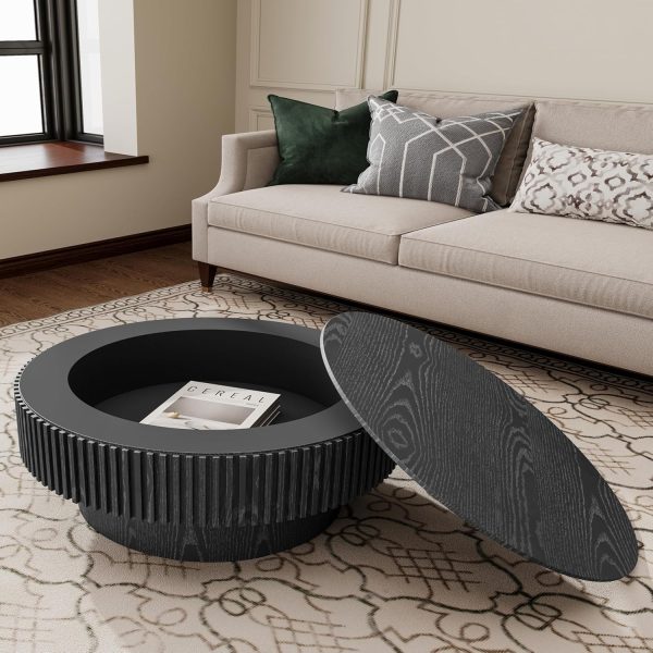 Round Coffee Table with Storage Wood Circle Coffee Table for Living Room Contemporary Fluted Coffee Table Center Table for Apartment, Easy Assembly ø31.5'',Black