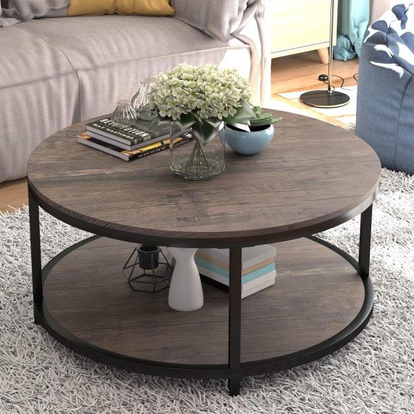 Round Coffee Table,36" Coffee Table for Living Room,2-Tier Rustic Wood Desktop with Storage Shelf Modern Design Home Furniture(Light Walnut)
