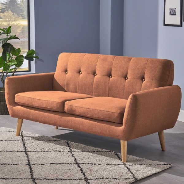 Mid-Century Modern Petite Fabric Sofa, Burnt Orange / Natural